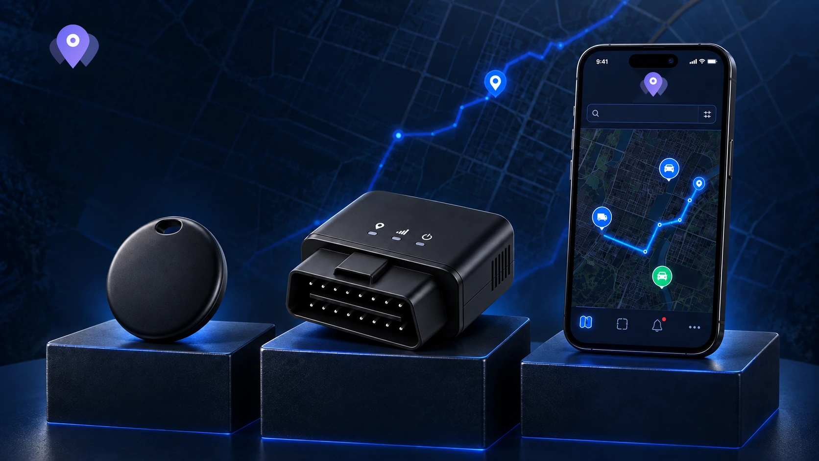 Illustrative arrangement of a location tag, an OBD tracker and a smartphone showing a map.