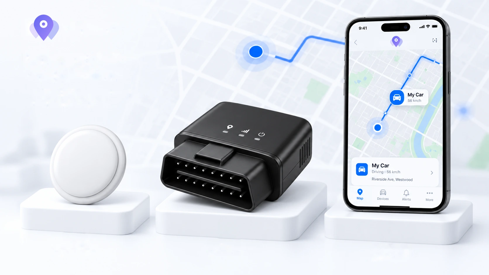 Illustrative arrangement of a location tag, an OBD tracker and a smartphone showing a map.