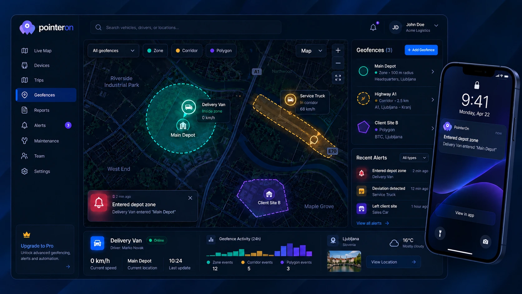 Illustrative geofencing interface with zone boundaries, example alerts and a phone notification.