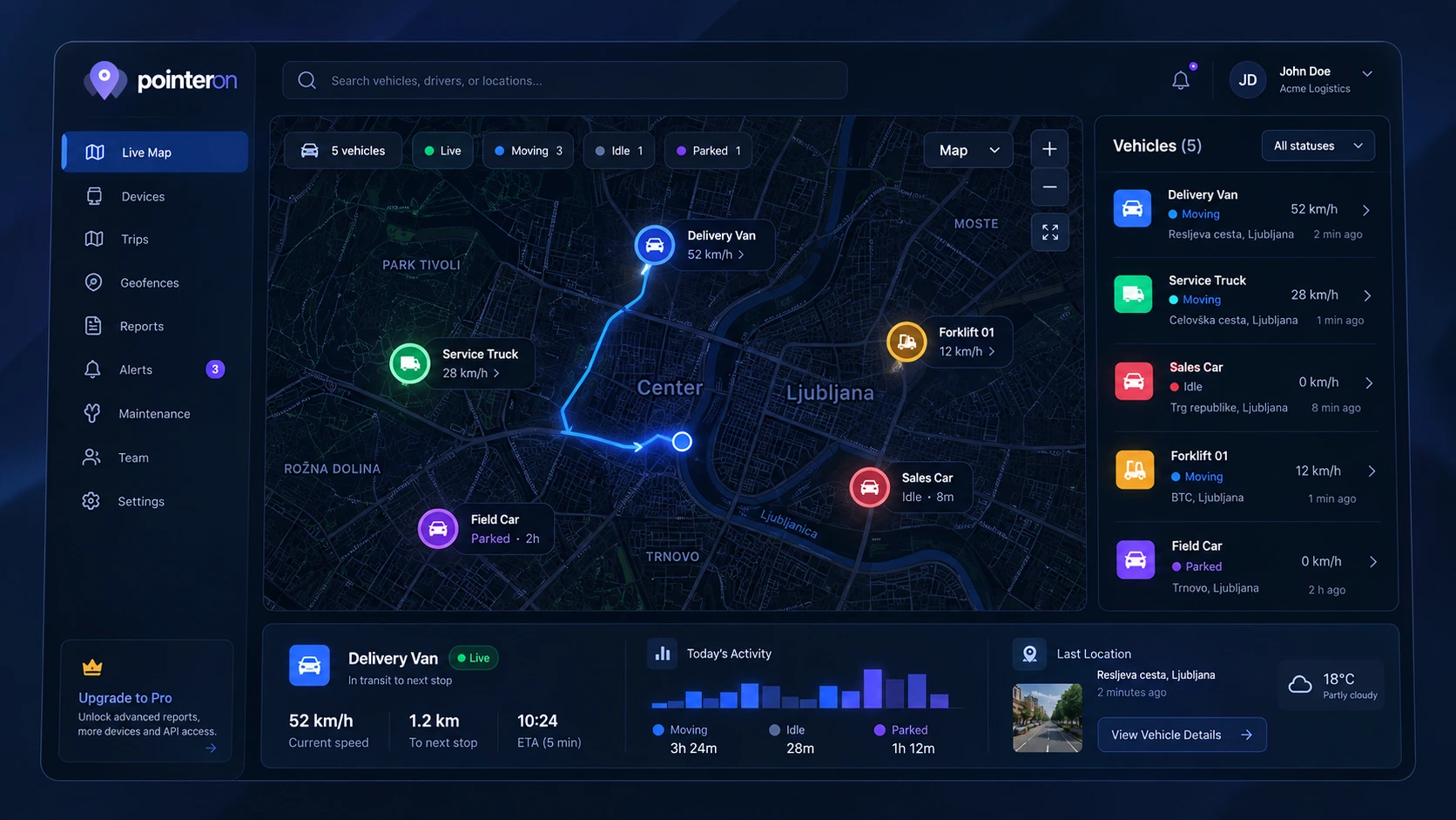 Illustrative live-map interface with example vehicles, reported speeds and a device list.