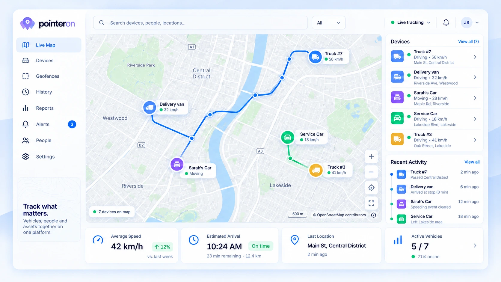Illustrative live-map interface with example vehicles, reported speeds and a device list.