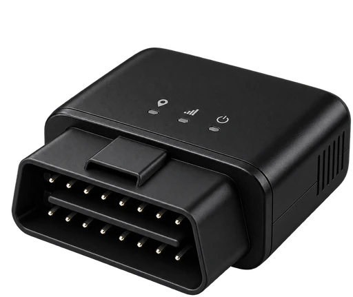 Illustration of a plug-in OBD tracker, not a specific manufacturer model