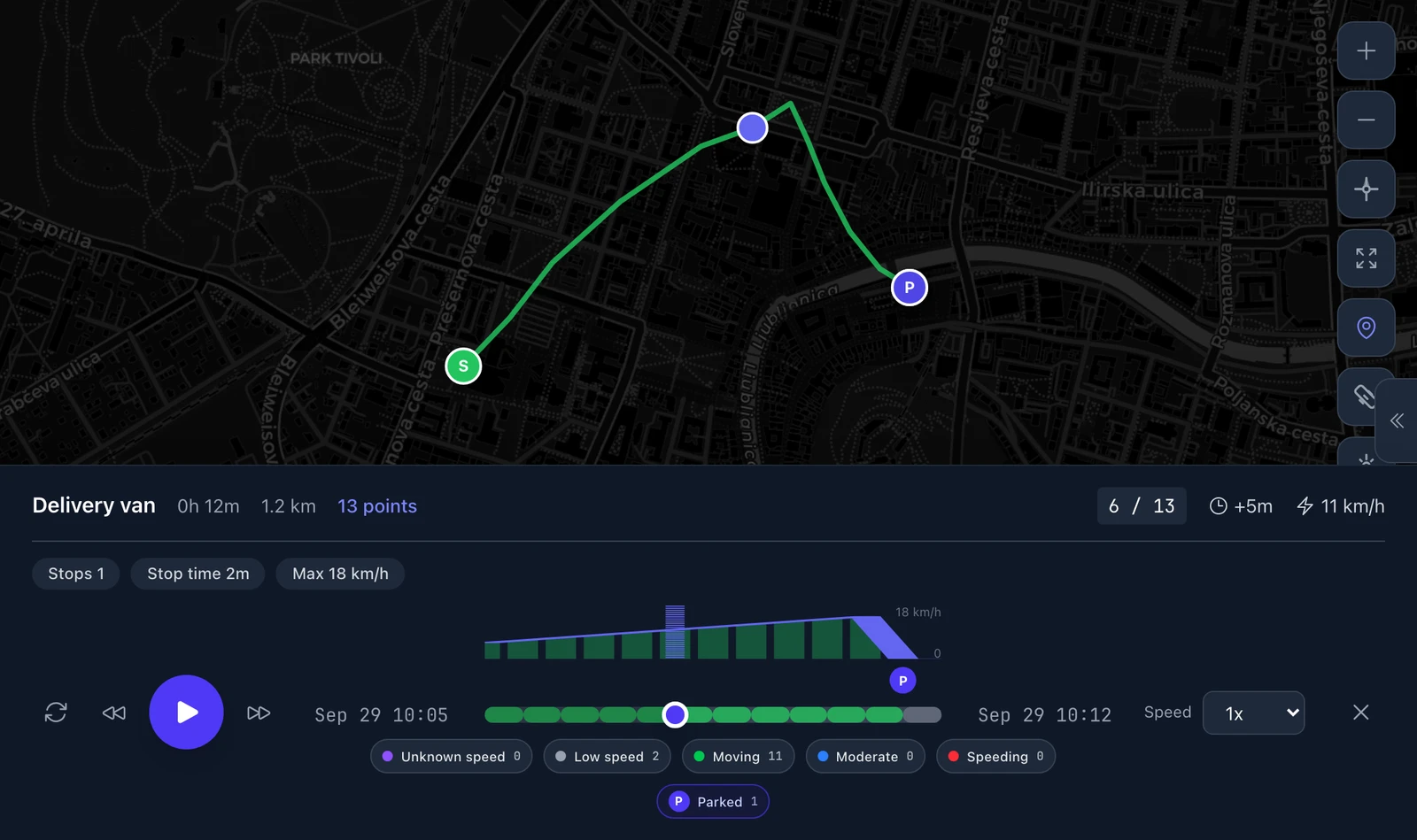 PointerOn recorded journey with start and end markers, playback controls and a journey summary. Demonstration data.