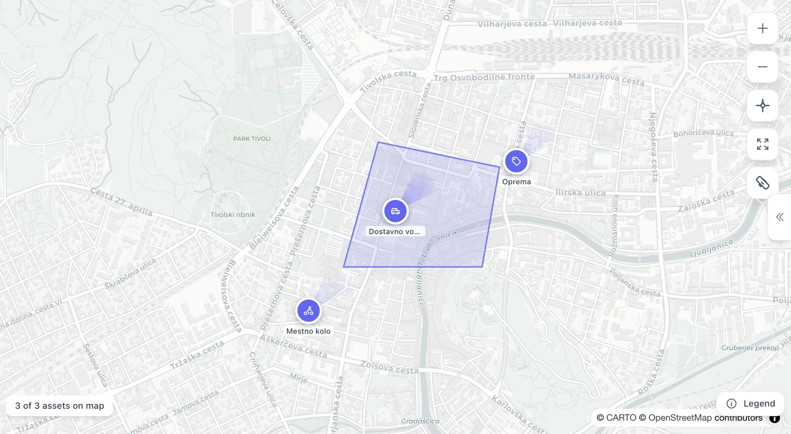 PointerOnov zemljevid z vzorčnim dostavnim vozilom, opremo in kolesom v Ljubljani.