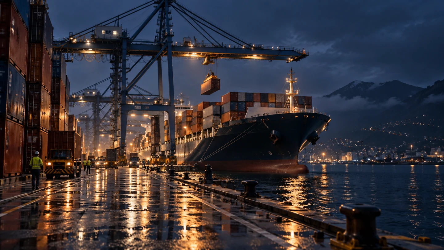 Illustrative scene of containers and equipment at a shipping port.