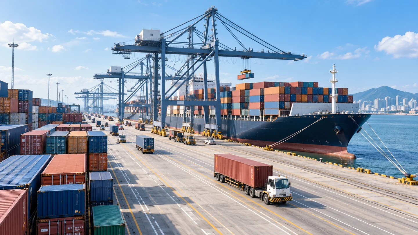 Illustrative scene of containers and equipment at a shipping port.