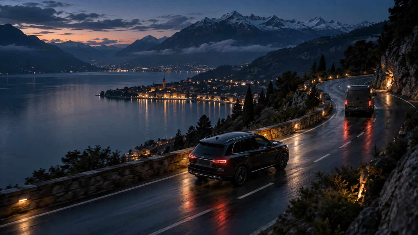 Illustrative scene of a car and van on a mountain road beside a lake.