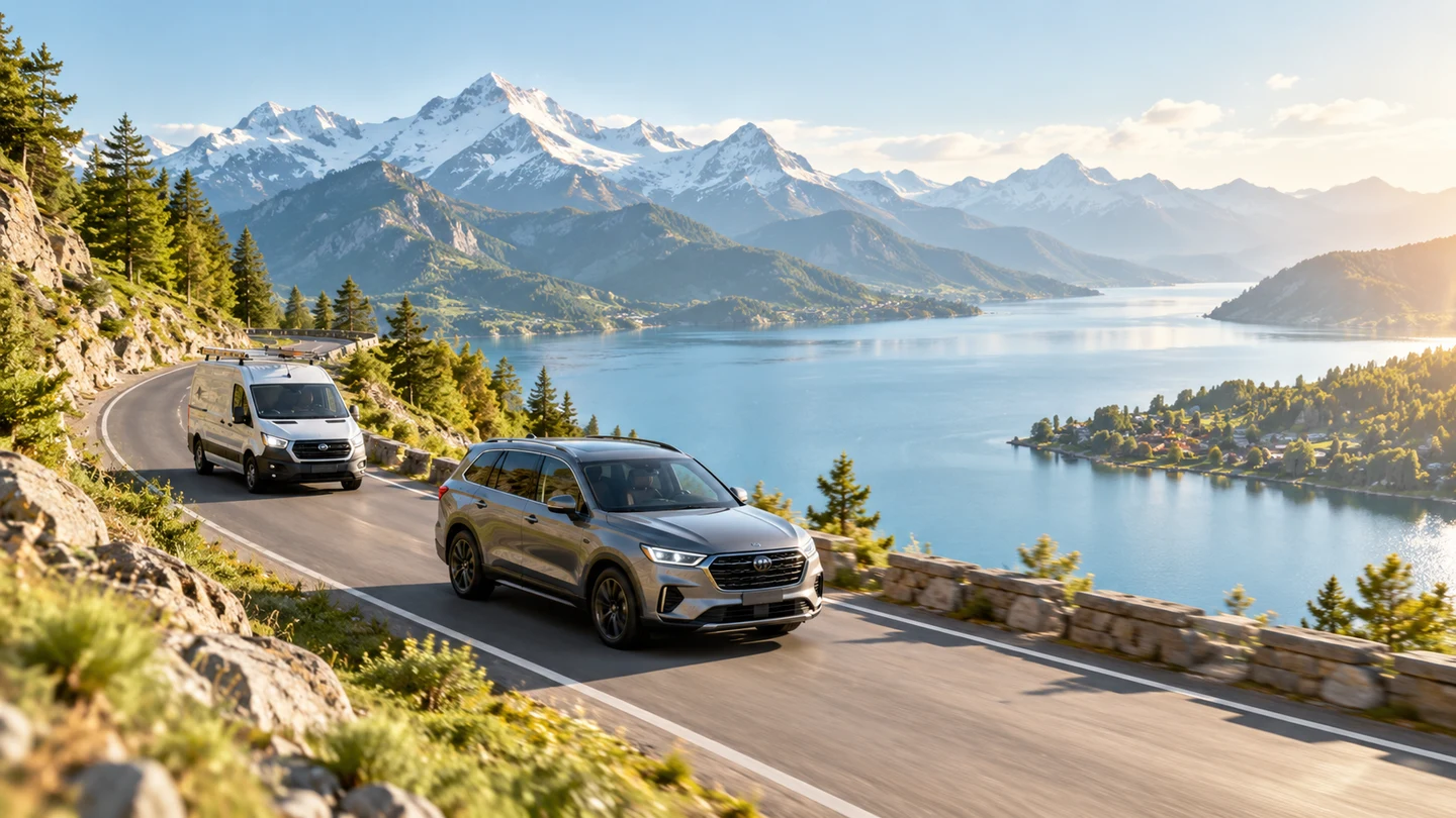 Illustrative scene of a car and van on a mountain road beside a lake.