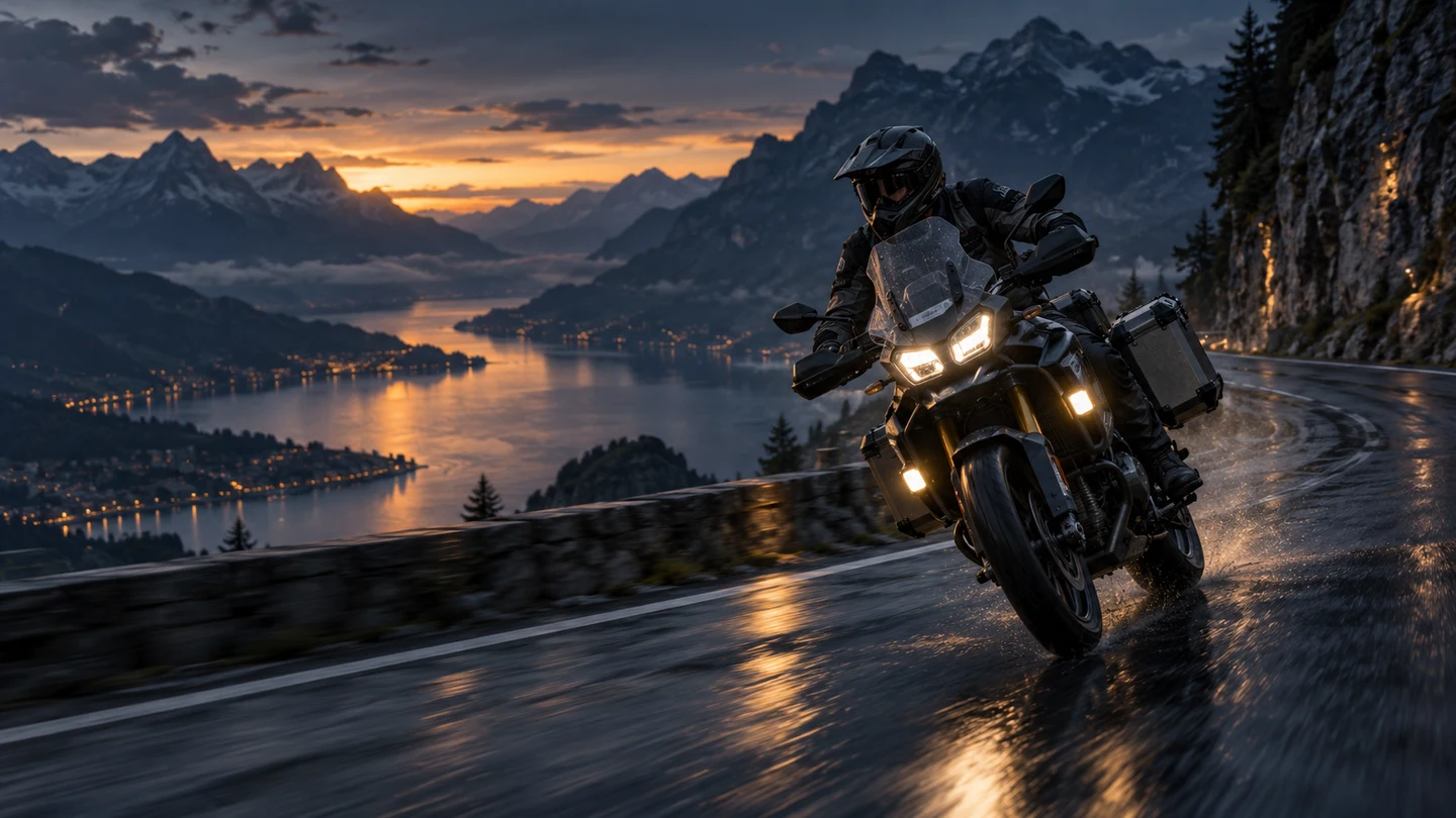 Illustrative scene of a motorcyclist and motorcycle beside a mountain lake.