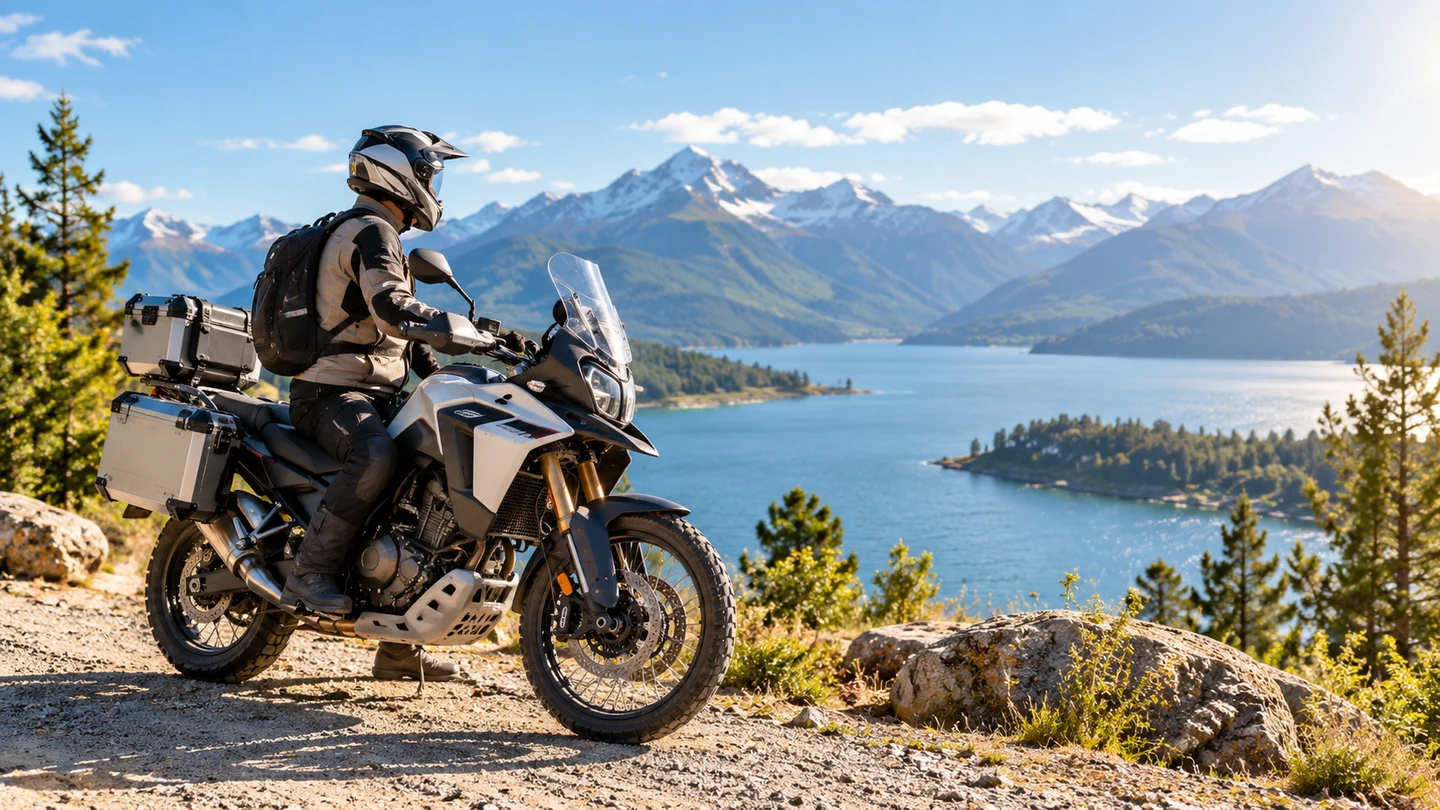 Illustrative scene of a motorcyclist and motorcycle beside a mountain lake.