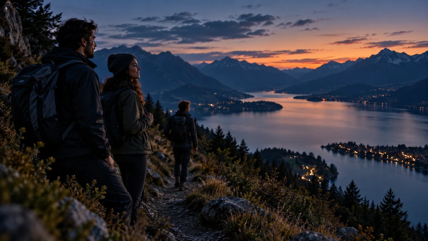 Illustrative scene of hikers on a mountain trail overlooking a lake.