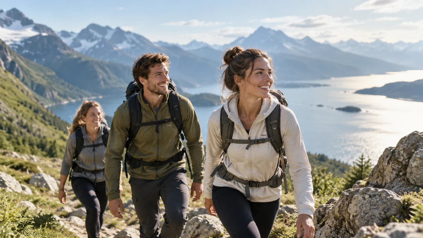 Illustrative scene of hikers on a mountain trail overlooking a lake.