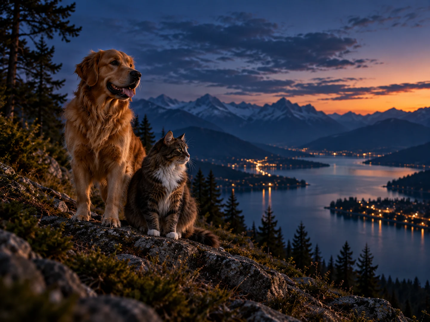 Illustrative scene of a golden retriever and cat overlooking a mountain lake.