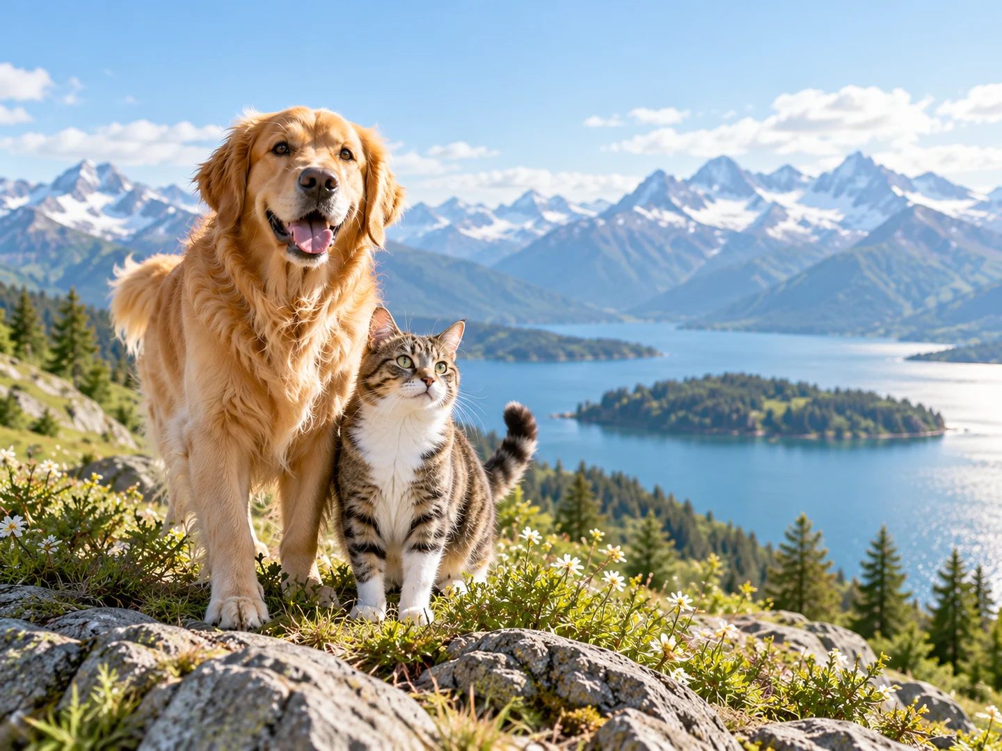 Illustrative scene of a golden retriever and cat overlooking a mountain lake.